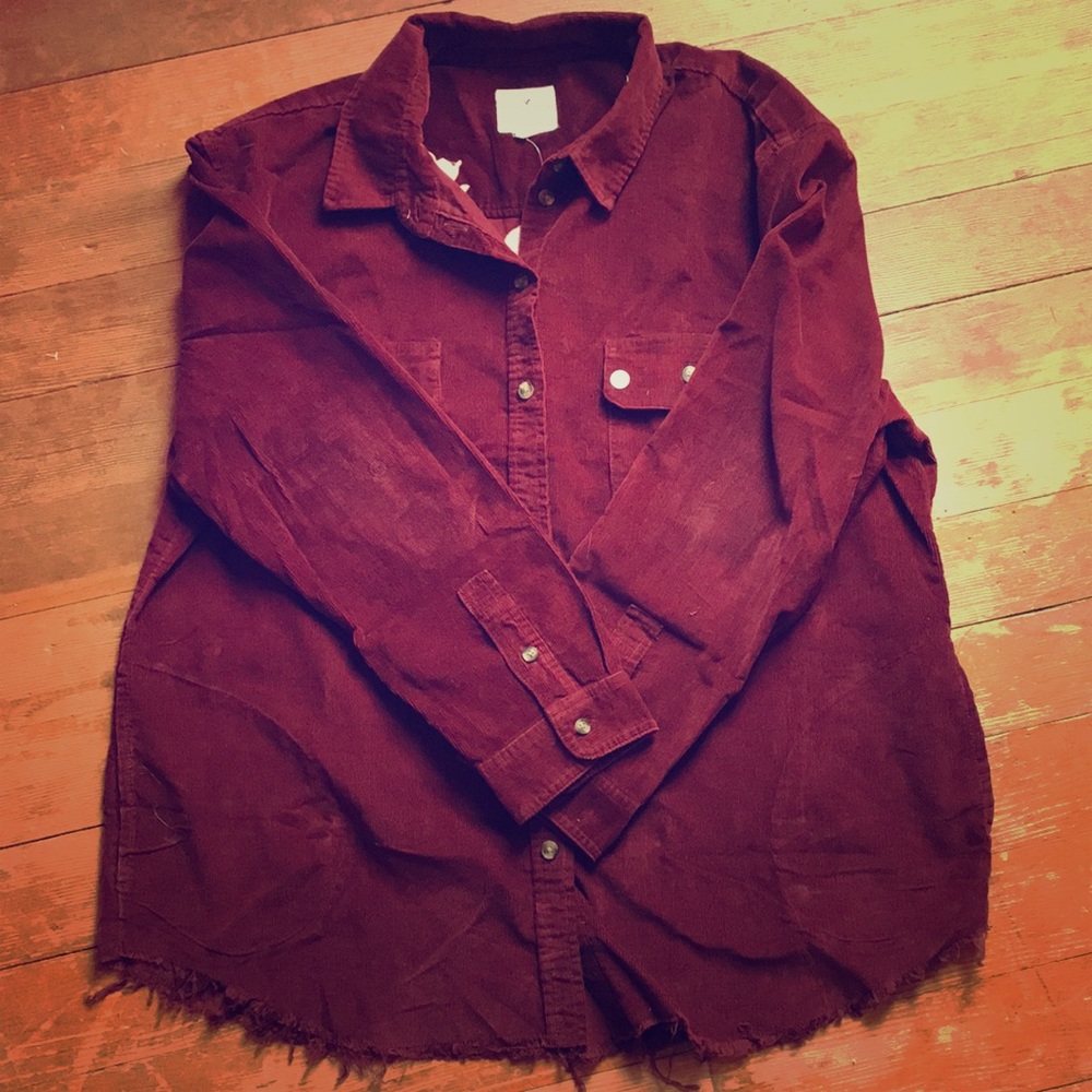 NWT AE Deep Red Embroidered Corduroy Button Down